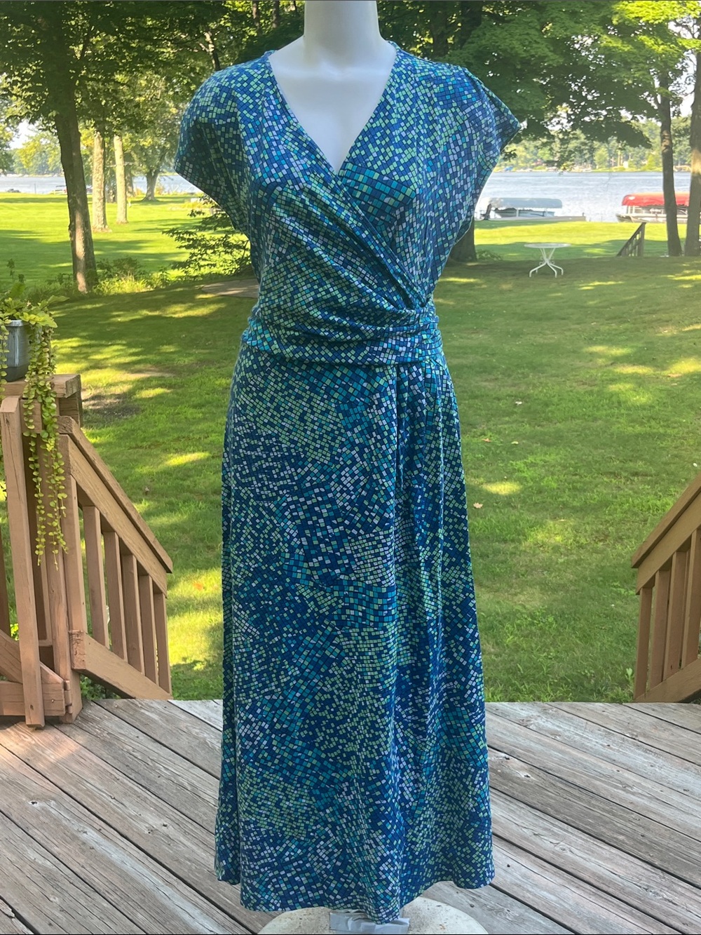 Lands' End Mosaic Wrap Style Maxi Dress L